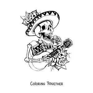 Coloring page of a Mexican mariachi skeleton
