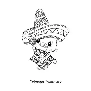 Coloring page of a cartoon mariachi cat