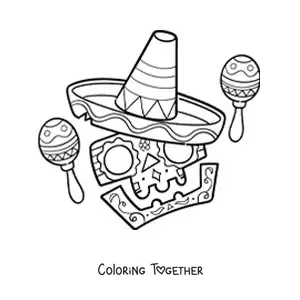 Coloring page of a cartoon Mexican skull with maracas