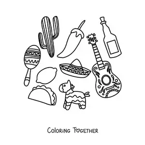 Coloring page of elements of Mexican culture
