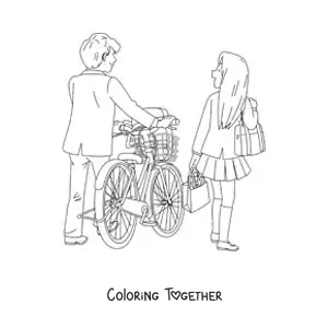 Coloring page of a couple with a bicycle