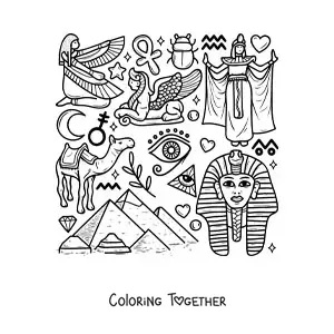 Coloring page of pyramids and elements of ancient Egyptian culture