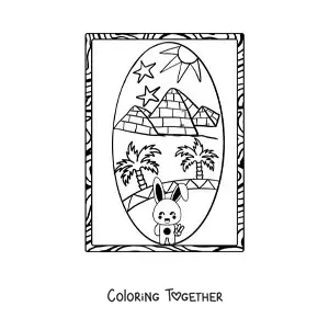 Coloring page of a cartoon rabbit visiting the Egyptian pyramids