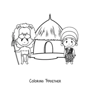 Coloring page of a cartoon African tribe