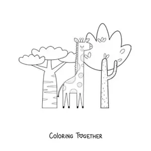 Coloring page of an African giraffe on the savanna