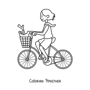Coloring page of a girl riding a bicycle