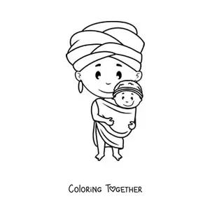 Coloring page of a cartoon African woman with a baby