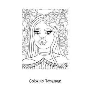 Coloring page of a beautiful African woman with flowers