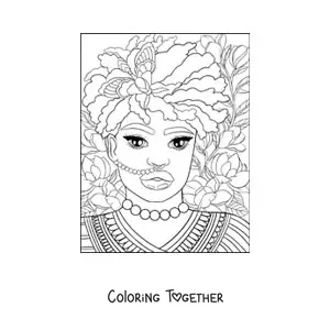 Coloring page of a beautiful African woman with a headdress