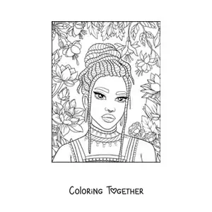 Coloring page of a beautiful African woman with braids and flowers
