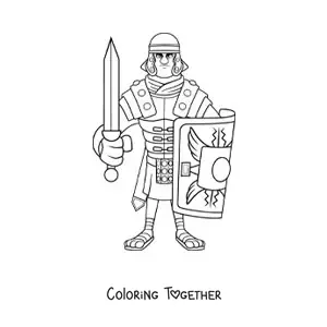 Coloring page of a Roman soldier with a sword
