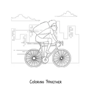 Coloring page of a delivery rider on a bicycle