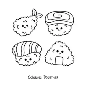 Coloring page of cartoon kawaii sushi