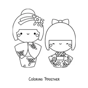 Coloring page of kawaii Japanese dolls