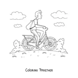 Coloring page of a man on a bicycle with clouds in the background