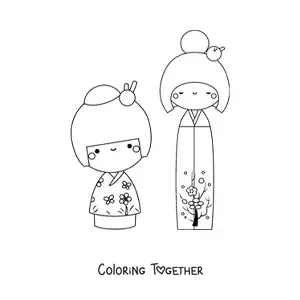 Coloring page of Japanese girls