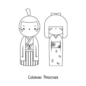 Coloring page of a Japanese couple in traditional clothing
