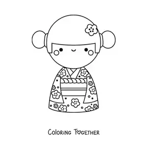 Coloring page of a cartoon Japanese girl