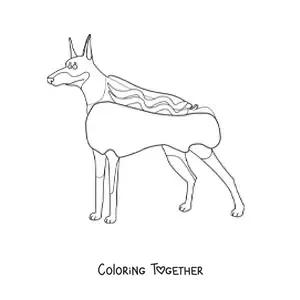 Coloring page of a Doberman dressed as a hot dog