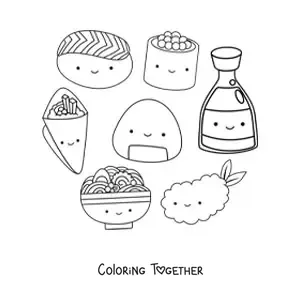 Coloring page of cartoon Japanese food