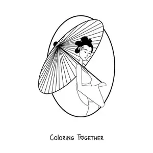 Coloring page of a geisha with a parasol