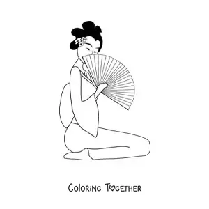 Coloring page of a geisha with a fan