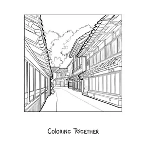 Coloring page of a Japanese street