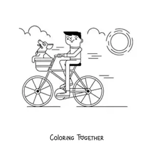 Coloring page of a boy on a bicycle with a dog in the basket