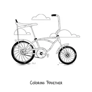 Coloring page of an antique bicycle with clouds in the background