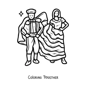 Coloring page of an animated flamenco dancer and her partner