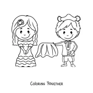 Coloring page of an animated flamenco dancer and a bullfighter