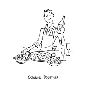 Coloring page of symbols of Spanish culture and a map