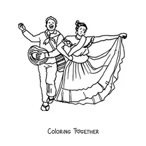 Coloring page of an animated couple in traditional Colombian costume