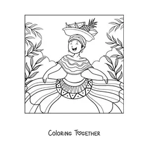Coloring page of an animated Colombian woman in traditional costume