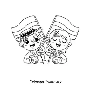 Coloring page of animated Colombian children with the flag
