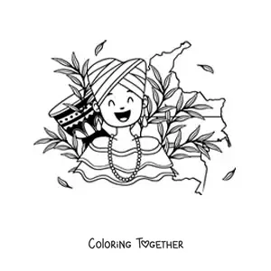 Coloring page of a woman in traditional dress with the map of Colombia