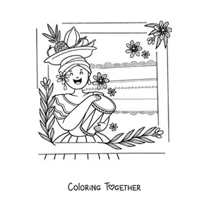 Coloring page of a woman in traditional Colombian dress playing drums