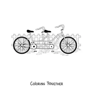 Coloring page of a tandem bicycle with a fence in the background
