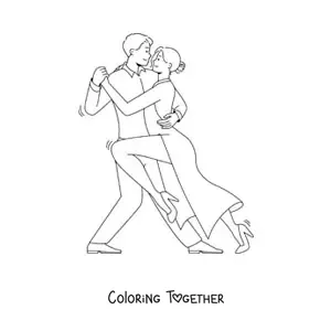 Coloring page of an animated couple dancing traditional Argentine tango