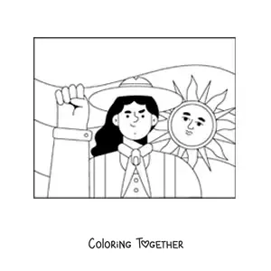 Coloring page of an animated Argentine woman with the flag