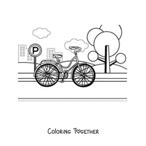 Coloring page of a bicycle in the park with buildings in the background