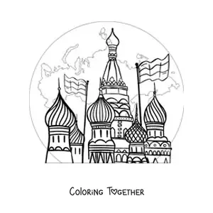 Coloring page of Saint Basil's Cathedral with the map of Russia