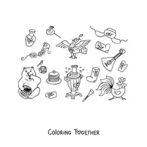 Coloring page of animated elements of Russian culture