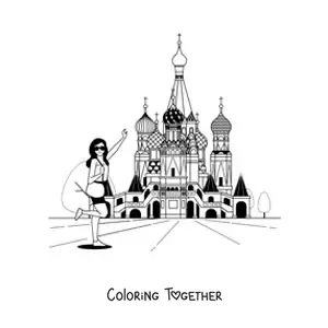 Coloring page of a tourist girl at Saint Basil's Cathedral