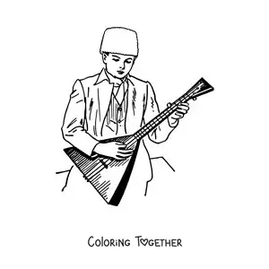 Coloring page of an animated Russian man playing the balalaika