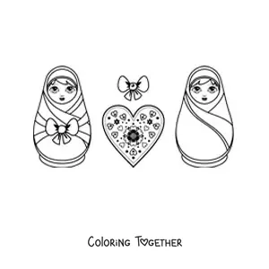 Coloring page of animated Russian dolls with a heart