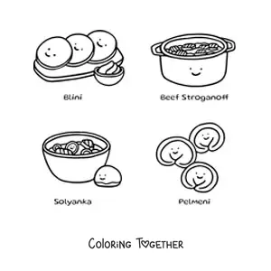 Coloring page of typical dishes of Russia