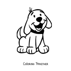 Coloring page of a happy cartoon dog sitting down