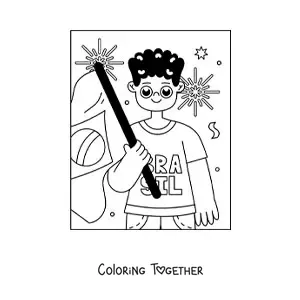 Coloring page of a boy with the flag of Brazil