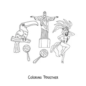 Coloring page of Christ the Redeemer and elements of Brazilian culture